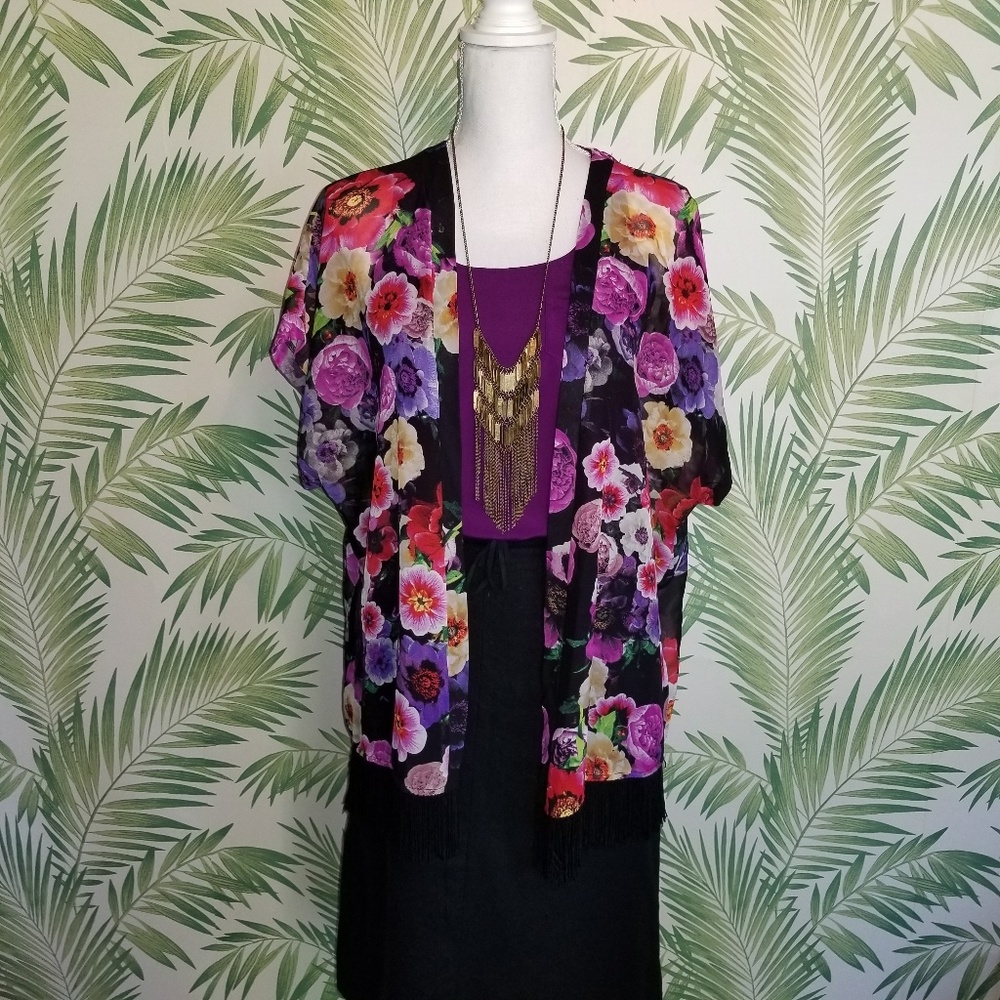 5/$10 Sheer Floral Kimono with Fringe